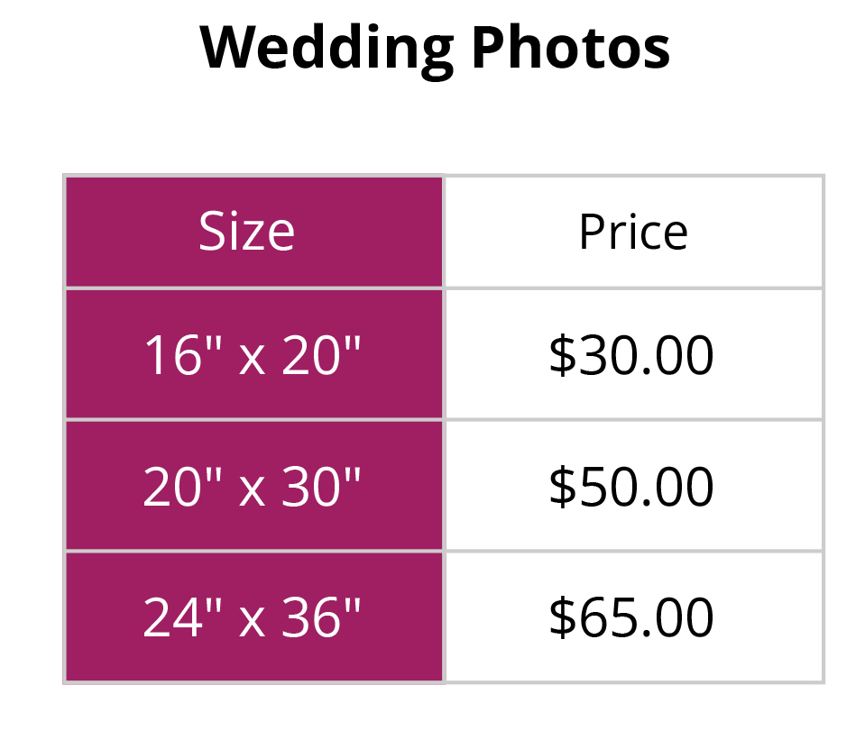 Wedding Photos Pricing Tables affordable wedding prints