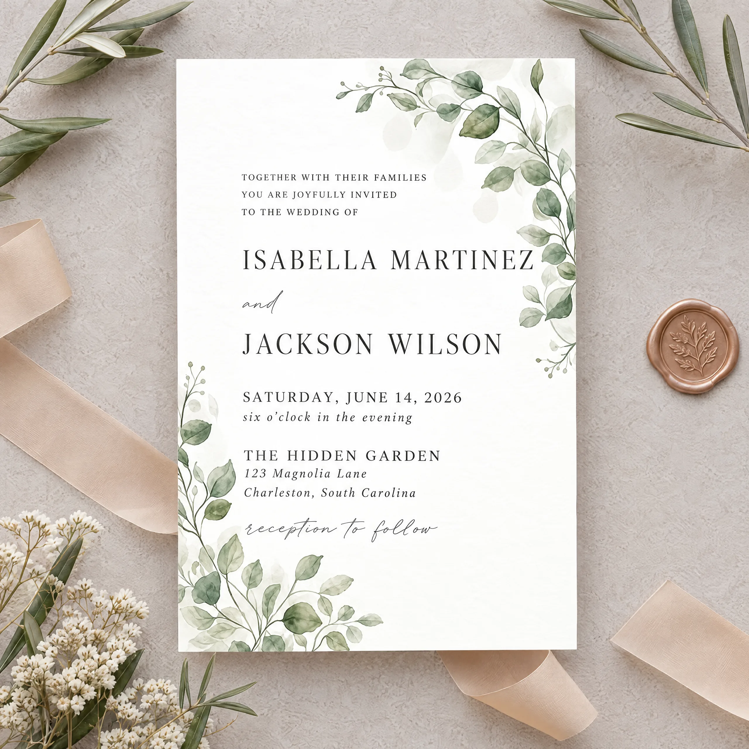 Eucalyptus wedding invitation printed in Mapleton, Utah