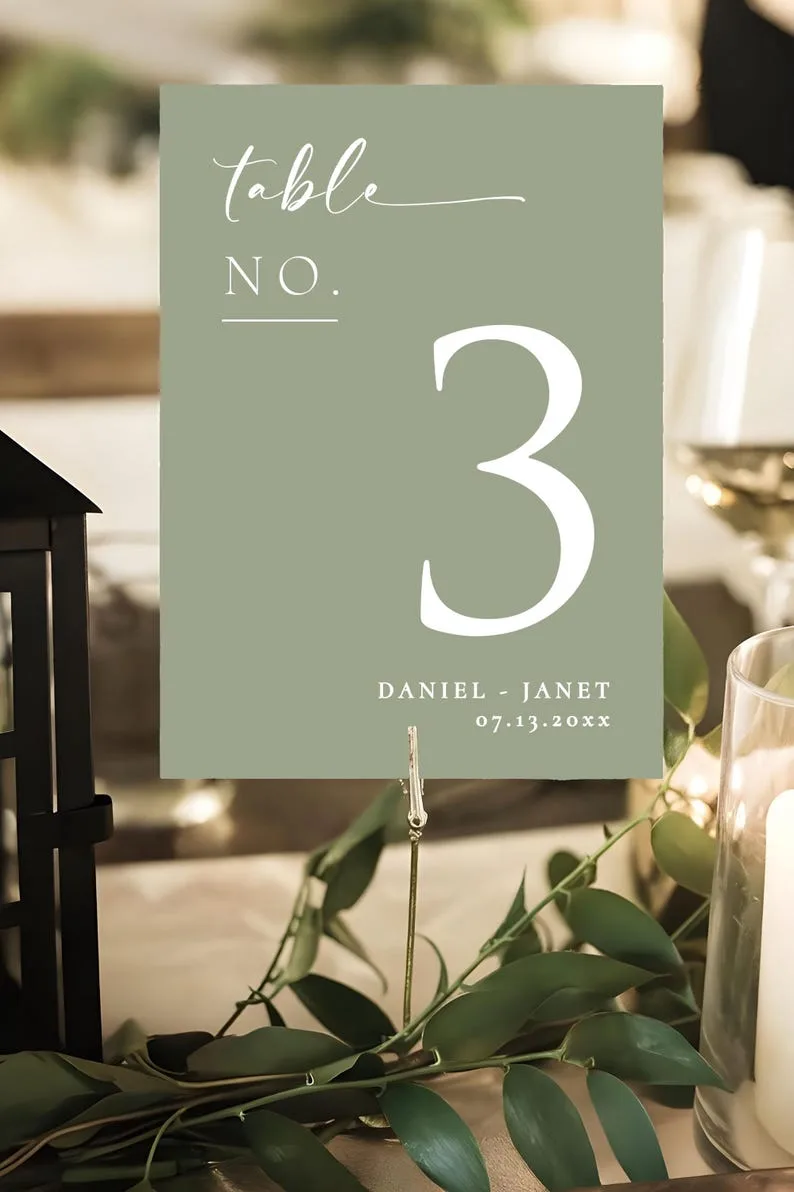 Personalized wedding table numbers: sage green 5x7 table number 3 card with names and wedding date
