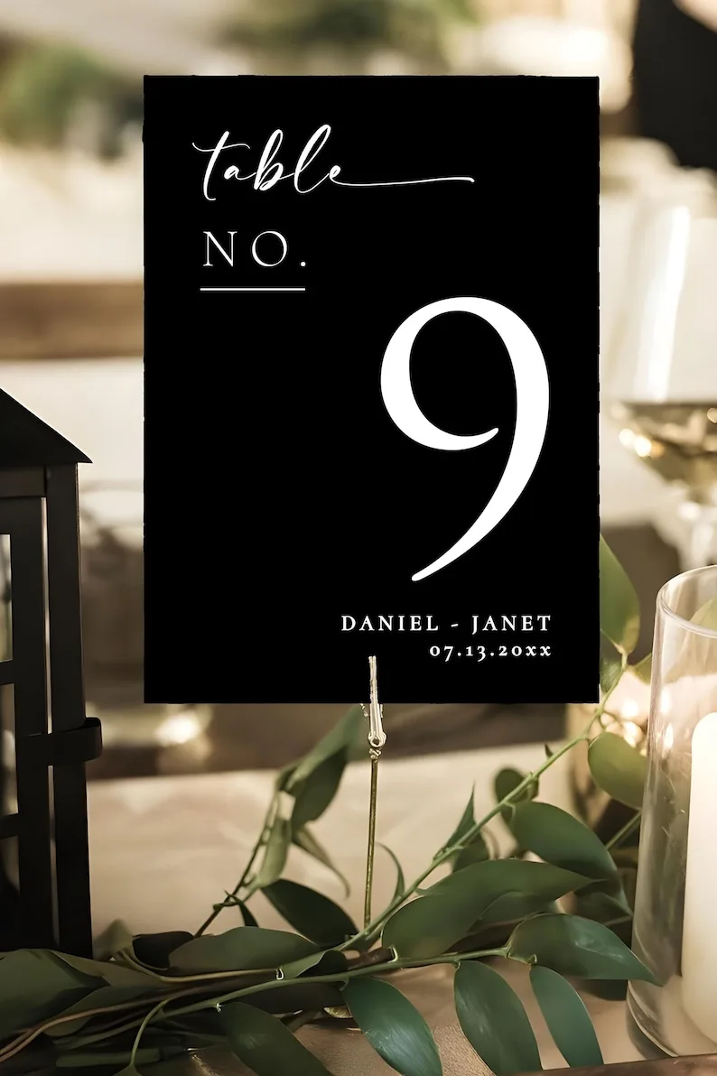 Black and white personalized wedding table numbers