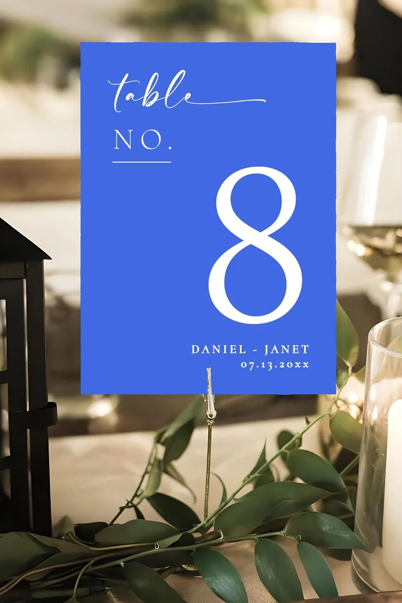 Royal blue personalized wedding table numbers