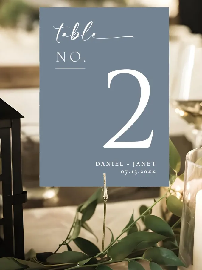 Dusty blue personalized wedding table numbers