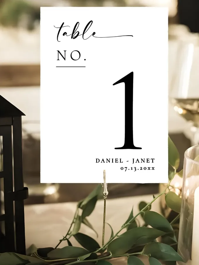 Elegant white personalized wedding table numbers with black number