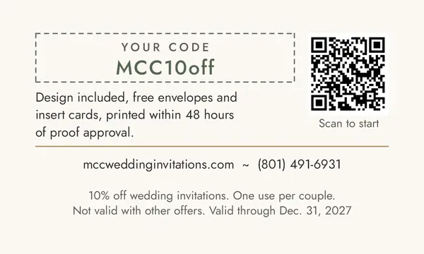 Business card back with the partner code, a QR code, and 10% off wedding invitations terms
