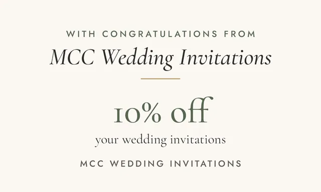 Business card front: With congratulations from MCC Wedding Invitations, 10% off your wedding invitations