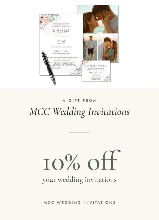 Free 5x7 hand-out card for wedding vendors: a gift from MCC Wedding Invitations, 10% off your wedding invitations