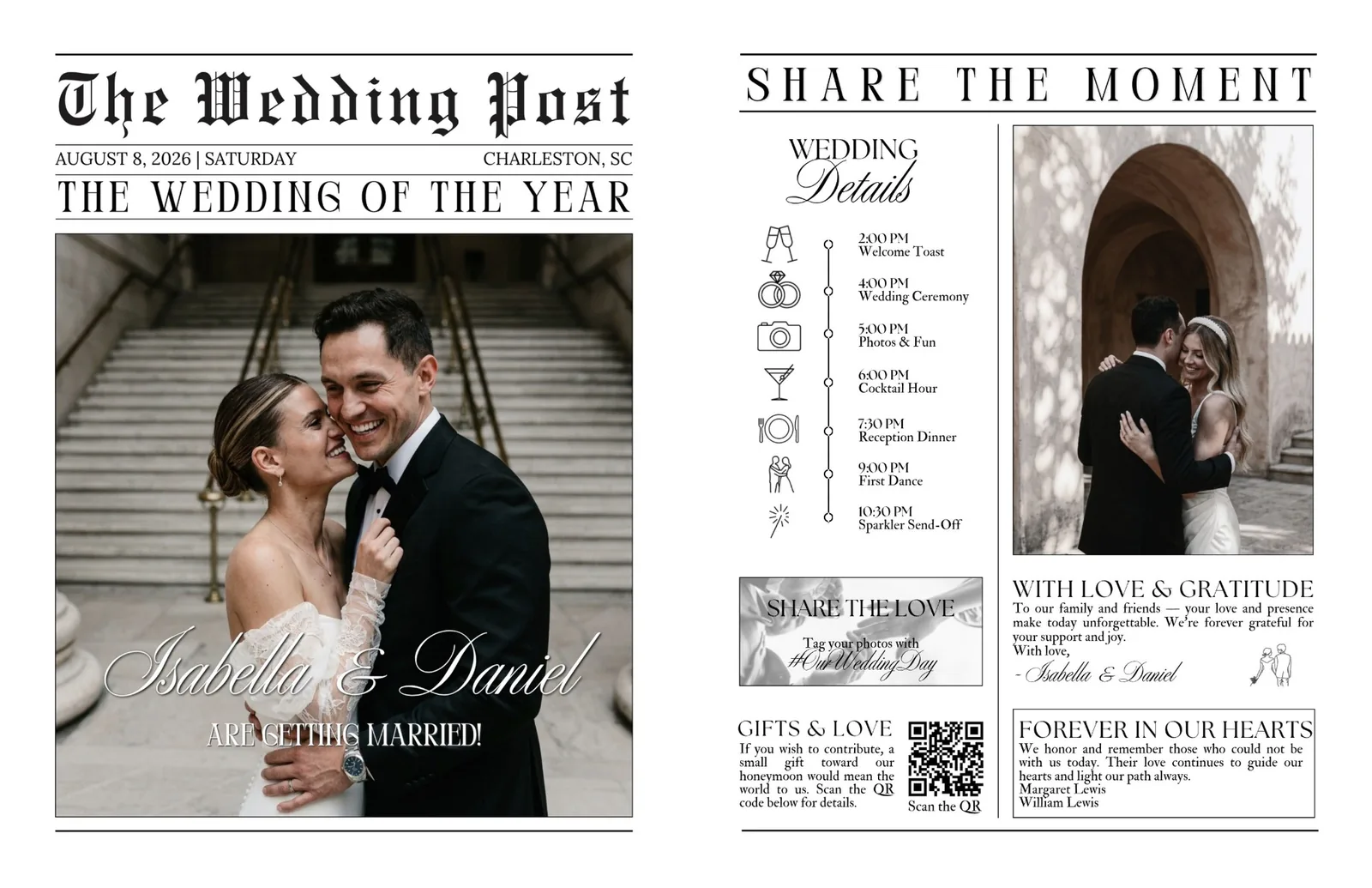 Sample wedding newspaper, outside pages: The Wedding Post front page with the couple's photo, names and wedding date, and a back page with the wedding day schedule, thank-you note, photo hashtag and a tribute to loved ones