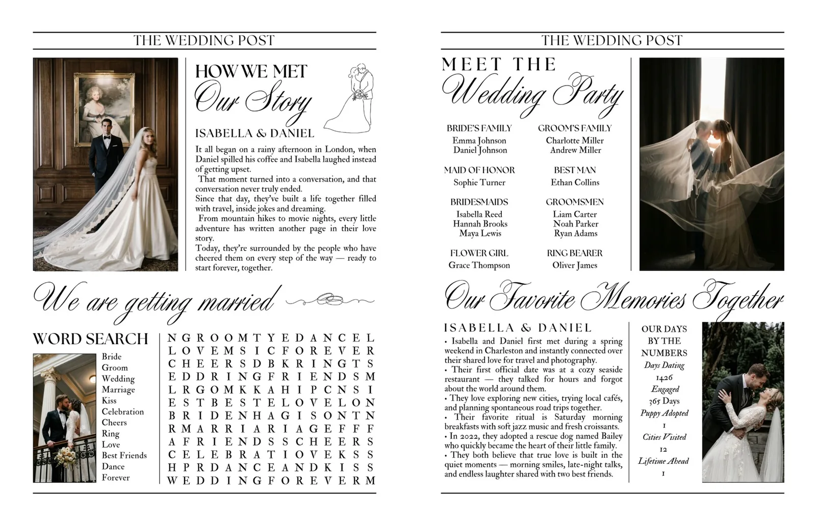 Sample wedding newspaper, inside spread: how we met story, wedding party and families, a wedding word search, and favorite memories with days-by-the-numbers facts