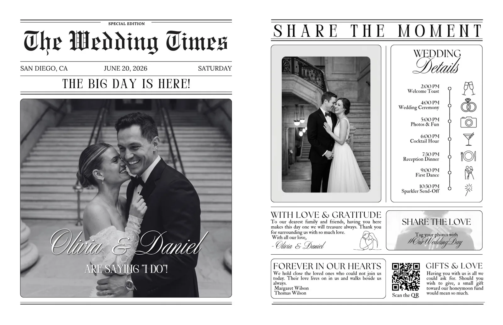 Second sample style, The Wedding Times outside pages: front page with the couple's photo, names, city and wedding date, and a back page with the wedding day schedule, thank-you note, photo hashtag, a tribute to loved ones and a gift QR code