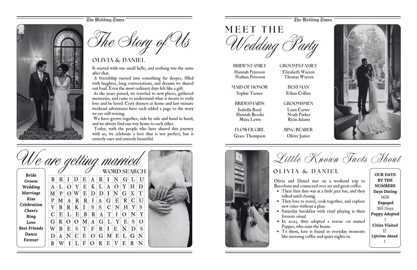 Second sample style, The Wedding Times inside spread: the story of us, meet the wedding party, a wedding word search, and little known facts about the couple with days-by-the-numbers